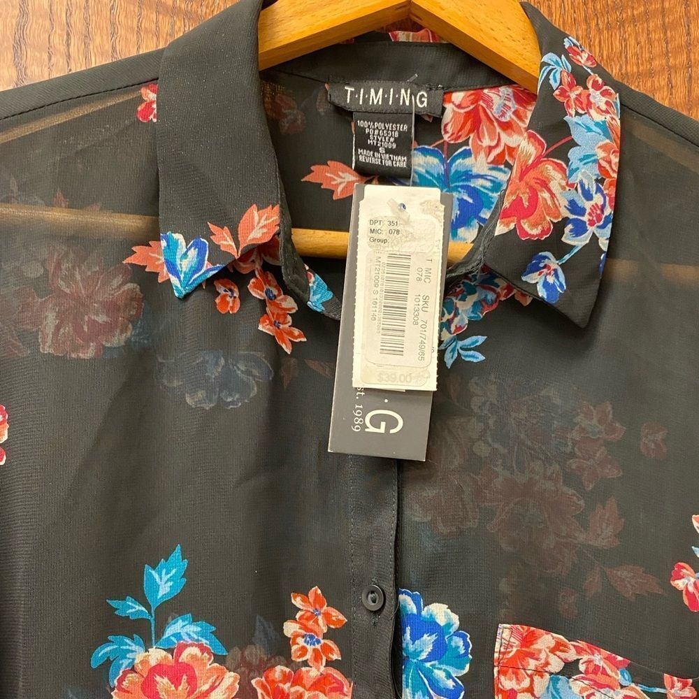 TIMING academia professor teacher sheer chiffon black floral button down blouse - Picture 2 of 8